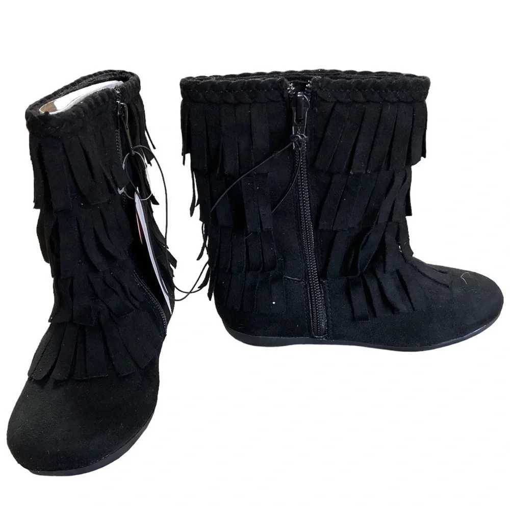 Jumping Beans Black Easy Zip Fringe Moccasin Bootie Shoe NWT Size 11 Toddler